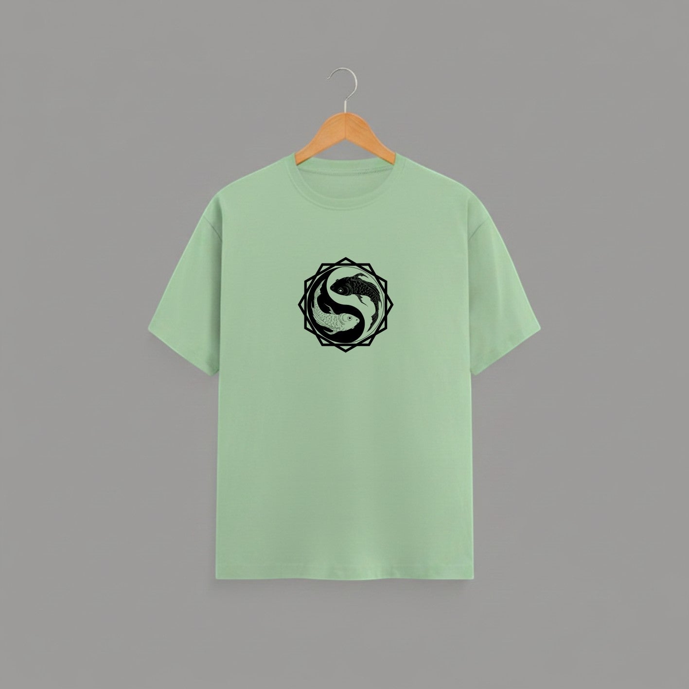 Koi Fish Yin-Yang graphic t-shirt on JADE-GREEN unisex 100% cotton crew neck, unique eye-catching koi fish yin-yang graphic on chest, zen-inspired style design, DTG print 300 DPI, 180 GSM breathable soft fabric