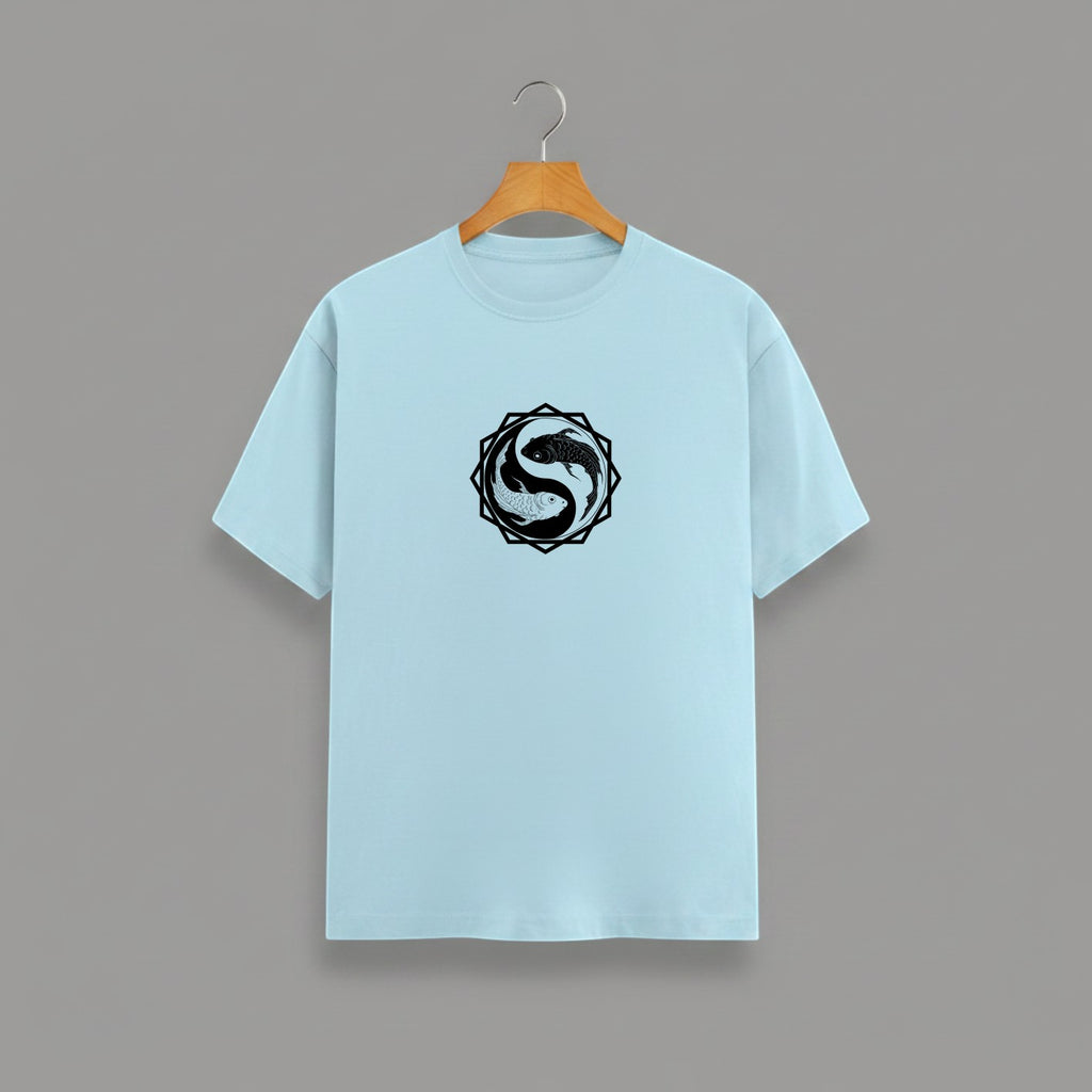 Koi Fish Yin-Yang graphic t-shirt on BABY BLUE unisex 100% cotton crew neck, unique eye-catching koi fish yin-yang graphic on chest, zen-inspired style design, DTG print 300 DPI, 180 GSM breathable soft fabric