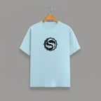 Koi Fish Yin-Yang graphic t-shirt on BABY BLUE unisex 100% cotton crew neck, unique eye-catching koi fish yin-yang graphic on chest, zen-inspired style design, DTG print 300 DPI, 180 GSM breathable soft fabric