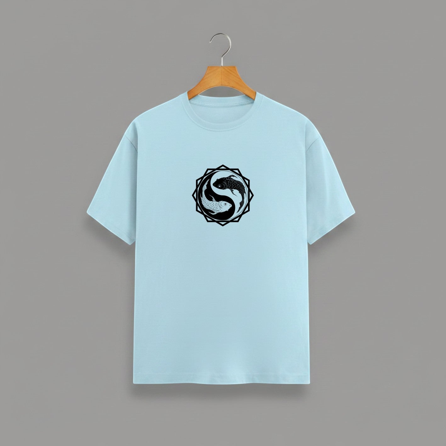 Koi Fish Yin-Yang graphic t-shirt on BABY BLUE unisex 100% cotton crew neck, unique eye-catching koi fish yin-yang graphic on chest, zen-inspired style design, DTG print 300 DPI, 180 GSM breathable soft fabric