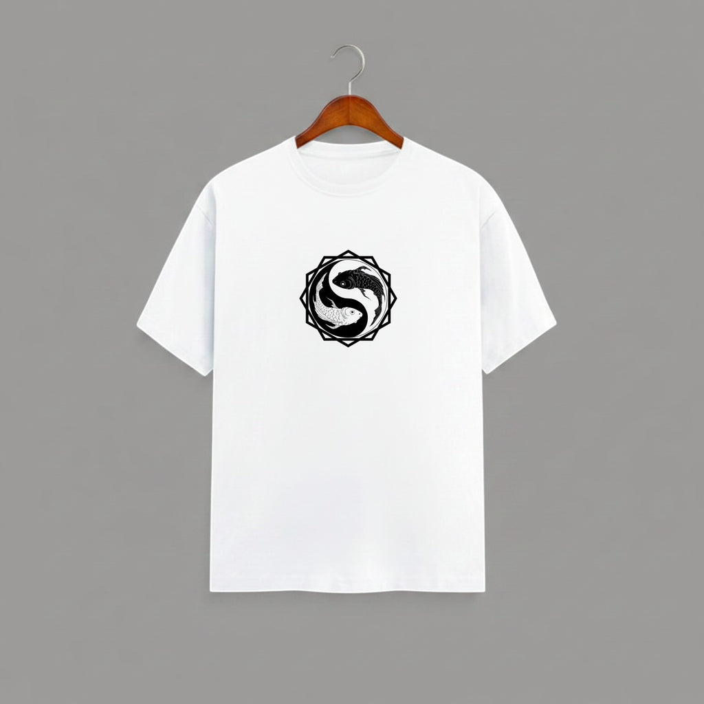 Koi Fish Yin-Yang graphic t-shirt on WHITE unisex 100% cotton crew neck, unique eye-catching koi fish yin-yang graphic on chest, zen-inspired style design, DTG print 300 DPI, 180 GSM breathable soft fabric