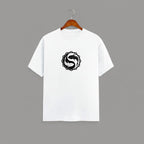 Koi Fish Yin-Yang graphic t-shirt on WHITE unisex 100% cotton crew neck, unique eye-catching koi fish yin-yang graphic on chest, zen-inspired style design, DTG print 300 DPI, 180 GSM breathable soft fabric