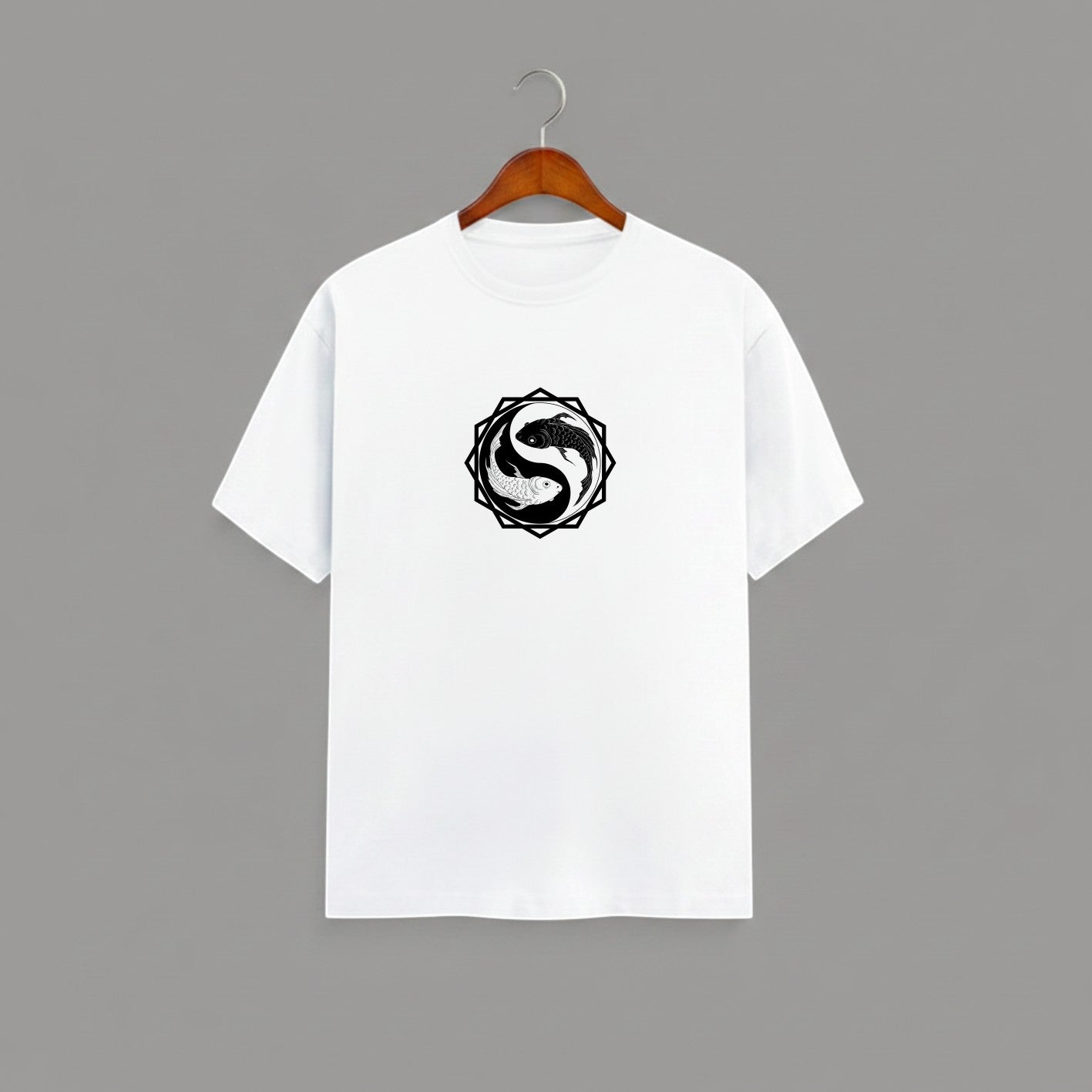 Koi Fish Yin-Yang graphic t-shirt on WHITE unisex 100% cotton crew neck, unique eye-catching koi fish yin-yang graphic on chest, zen-inspired style design, DTG print 300 DPI, 180 GSM breathable soft fabric