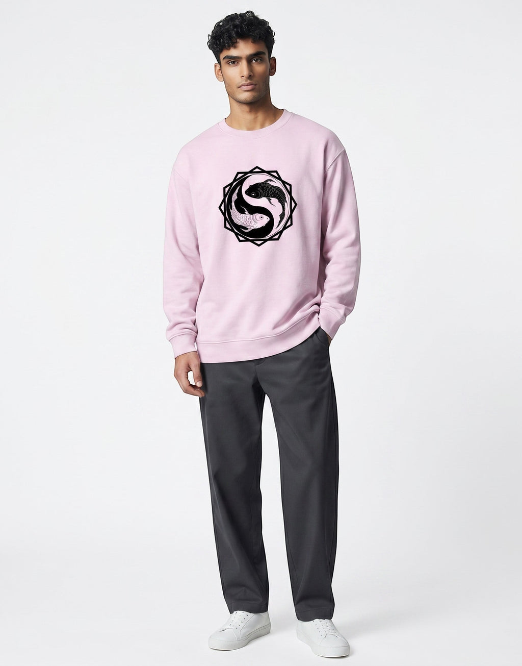 Koi Fish Yin-Yang Oversized Sweatshirt on BABY PINK unisex premium soft-touch fabric, relaxed oversized fit contemporary look, striking koi fish yin-yang graphic unique symbolic touch, ribbed cuffs hem secure fit, structured modern silhouette, bold eye-catching koi fish graphic, versatile unisex design complements wardrobe, relaxed fit without compromising aesthetic