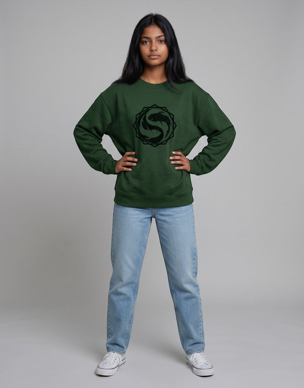 Koi Fish Yin-Yang Oversized Sweatshirt on FOREST GREEN unisex premium soft-touch fabric, relaxed oversized fit contemporary look, striking koi fish yin-yang graphic unique symbolic touch, ribbed cuffs hem secure fit, structured modern silhouette, bold eye-catching koi fish graphic, versatile unisex design complements wardrobe, relaxed fit without compromising aesthetic