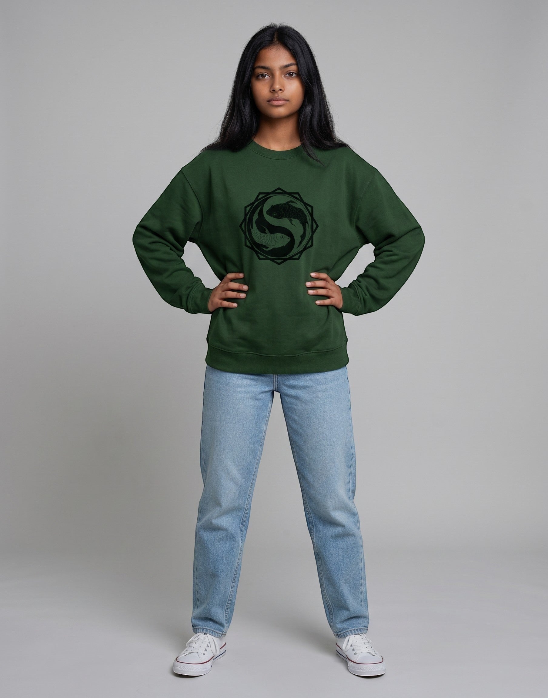 Koi Fish Yin-Yang Oversized Sweatshirt on FOREST GREEN unisex premium soft-touch fabric, relaxed oversized fit contemporary look, striking koi fish yin-yang graphic unique symbolic touch, ribbed cuffs hem secure fit, structured modern silhouette, bold eye-catching koi fish graphic, versatile unisex design complements wardrobe, relaxed fit without compromising aesthetic
