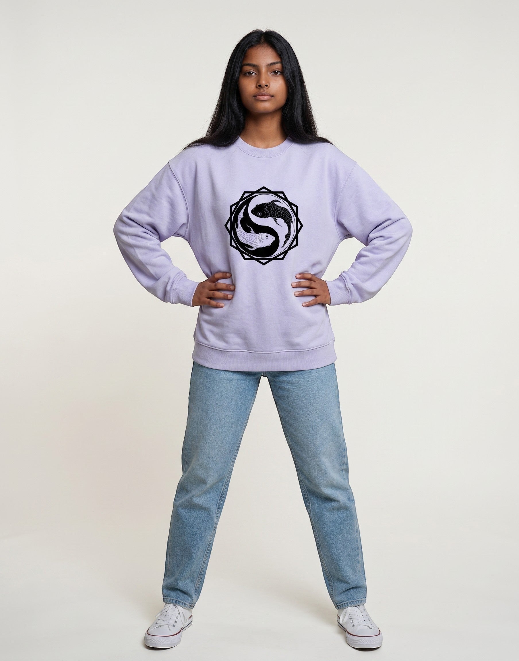 Koi Fish Yin-Yang Oversized Sweatshirt on LAVENDER unisex premium soft-touch fabric, relaxed oversized fit contemporary look, striking koi fish yin-yang graphic unique symbolic touch, ribbed cuffs hem secure fit, structured modern silhouette, bold eye-catching koi fish graphic, versatile unisex design complements wardrobe, relaxed fit without compromising aesthetic
