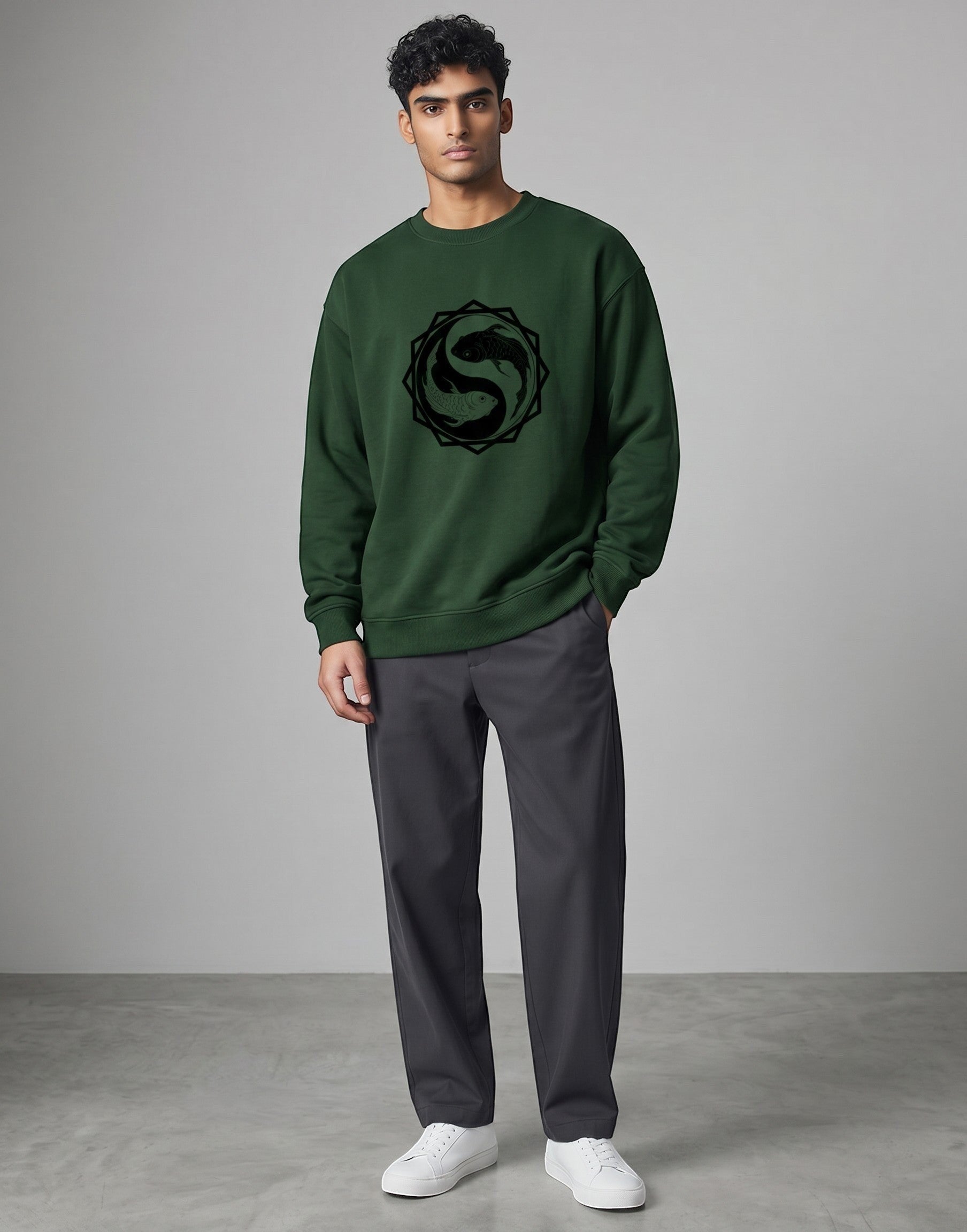 Koi Fish Yin-Yang Oversized Sweatshirt on FOREST GREEN unisex premium soft-touch fabric, relaxed oversized fit contemporary look, striking koi fish yin-yang graphic unique symbolic touch, ribbed cuffs hem secure fit, structured modern silhouette, bold eye-catching koi fish graphic, versatile unisex design complements wardrobe, relaxed fit without compromising aesthetic