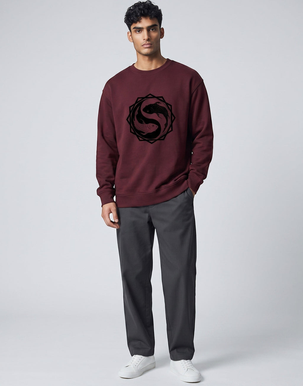 Koi Fish Yin-Yang Oversized Sweatshirt on MAROON unisex premium soft-touch fabric, relaxed oversized fit contemporary look, striking koi fish yin-yang graphic unique symbolic touch, ribbed cuffs hem secure fit, structured modern silhouette, bold eye-catching koi fish graphic, versatile unisex design complements wardrobe, relaxed fit without compromising aesthetic