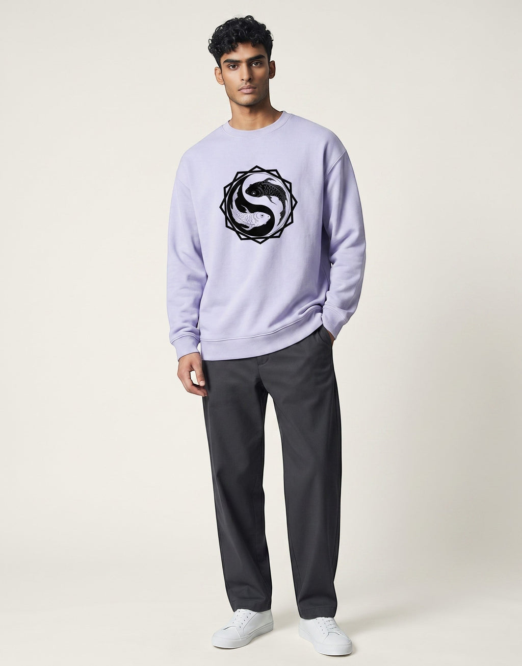 Koi Fish Yin-Yang Oversized Sweatshirt on LAVENDER unisex premium soft-touch fabric, relaxed oversized fit contemporary look, striking koi fish yin-yang graphic unique symbolic touch, ribbed cuffs hem secure fit, structured modern silhouette, bold eye-catching koi fish graphic, versatile unisex design complements wardrobe, relaxed fit without compromising aesthetic