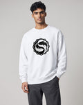 Koi Fish Yin-Yang Oversized Sweatshirt on WHITE unisex premium soft-touch fabric, relaxed oversized fit contemporary look, striking koi fish yin-yang graphic unique symbolic touch, ribbed cuffs hem secure fit, structured modern silhouette, bold eye-catching koi fish graphic, versatile unisex design complements wardrobe, relaxed fit without compromising aesthetic
