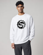 Koi Fish Yin-Yang Oversized Sweatshirt on WHITE unisex premium soft-touch fabric, relaxed oversized fit contemporary look, striking koi fish yin-yang graphic unique symbolic touch, ribbed cuffs hem secure fit, structured modern silhouette, bold eye-catching koi fish graphic, versatile unisex design complements wardrobe, relaxed fit without compromising aesthetic