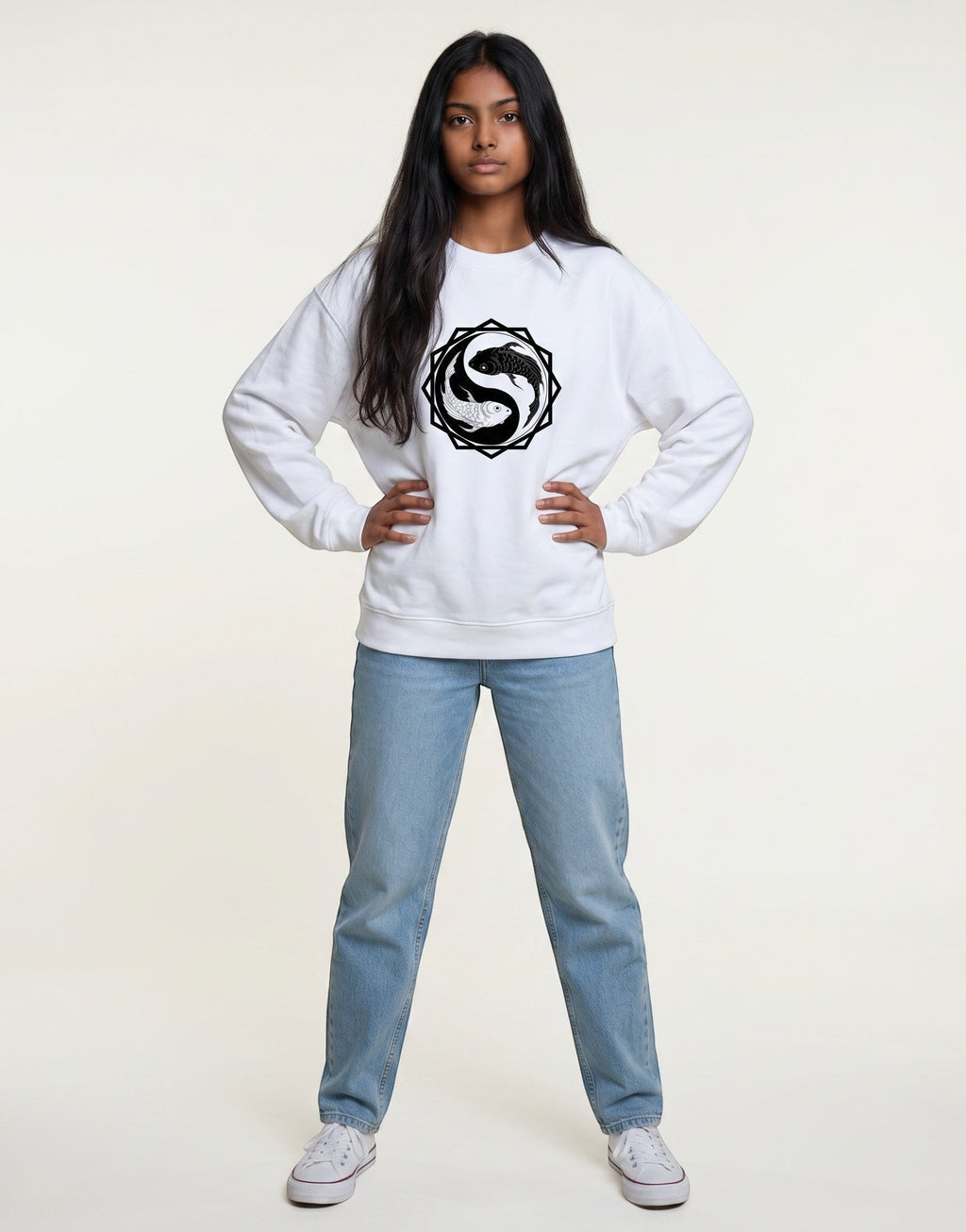 Koi Fish Yin-Yang Oversized Sweatshirt on WHITE unisex premium soft-touch fabric, relaxed oversized fit contemporary look, striking koi fish yin-yang graphic unique symbolic touch, ribbed cuffs hem secure fit, structured modern silhouette, bold eye-catching koi fish graphic, versatile unisex design complements wardrobe, relaxed fit without compromising aesthetic