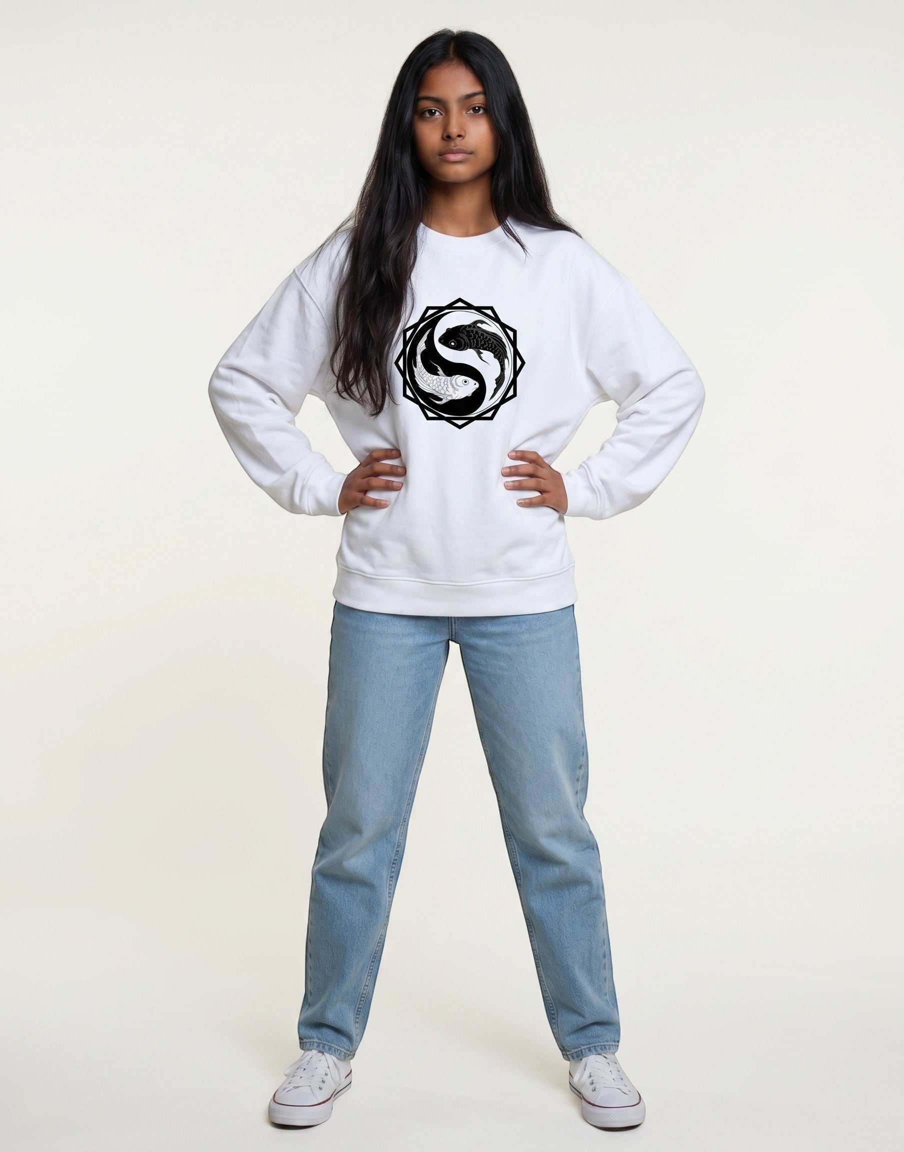 Koi Fish Yin-Yang Oversized Sweatshirt on WHITE unisex premium soft-touch fabric, relaxed oversized fit contemporary look, striking koi fish yin-yang graphic unique symbolic touch, ribbed cuffs hem secure fit, structured modern silhouette, bold eye-catching koi fish graphic, versatile unisex design complements wardrobe, relaxed fit without compromising aesthetic