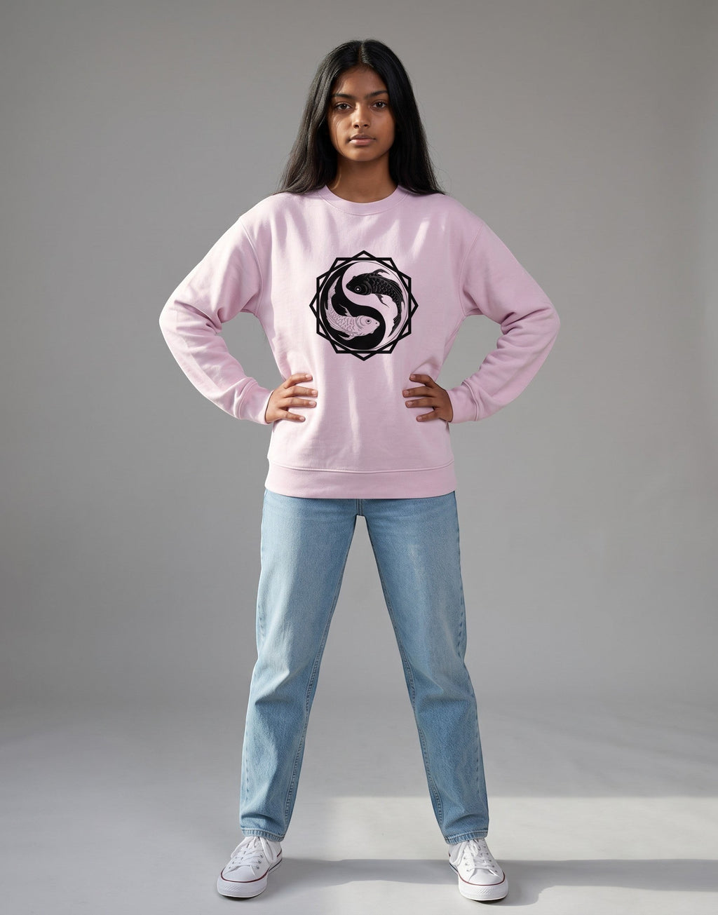 Koi Fish Yin-Yang Oversized Sweatshirt on BABY PINK unisex premium soft-touch fabric, relaxed oversized fit contemporary look, striking koi fish yin-yang graphic unique symbolic touch, ribbed cuffs hem secure fit, structured modern silhouette, bold eye-catching koi fish graphic, versatile unisex design complements wardrobe, relaxed fit without compromising aesthetic