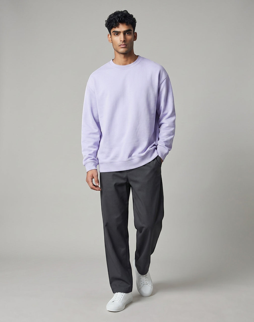 Lavender Oversized Sweatshirt on LAVENDER unisex premium cotton blend crew neck, roomy fit warm embrace, dropped shoulder streetwear aesthetic, soft lavender hue, ribbed cuffs hem, durable relaxed oversized fit