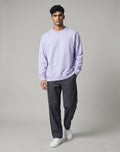Lavender Oversized Sweatshirt on LAVENDER unisex premium cotton blend crew neck, roomy fit warm embrace, dropped shoulder streetwear aesthetic, soft lavender hue, ribbed cuffs hem, durable relaxed oversized fit