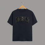 Los Angeles California graphic t-shirt on NAVY BLUE unisex classic crew soft-touch 180 GSM cotton, distressed LOS ANGELES collegiate arch lettering bold CA graphic, California subtitle clean spaced caps, monochrome black-on-white minimal versatile, classic crew neckline timeless, unisex regular fit flattering, pre-shrunk bio-washed maintains shape