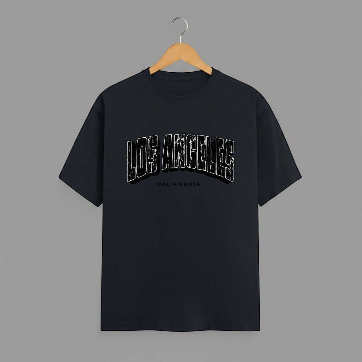 Los Angeles California graphic t-shirt on NAVY BLUE unisex classic crew soft-touch 180 GSM cotton, distressed LOS ANGELES collegiate arch lettering bold CA graphic, California subtitle clean spaced caps, monochrome black-on-white minimal versatile, classic crew neckline timeless, unisex regular fit flattering, pre-shrunk bio-washed maintains shape