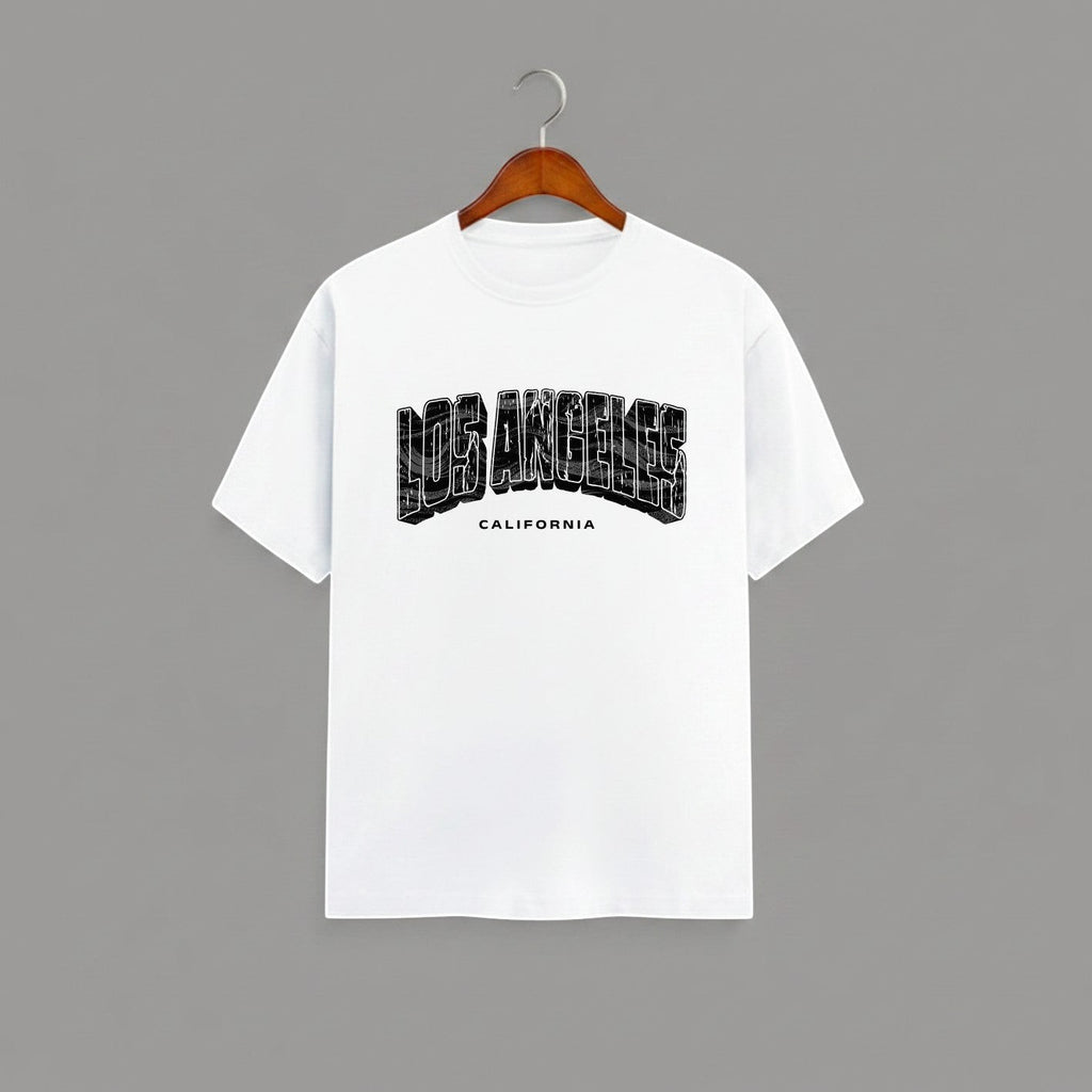 Los Angeles California graphic t-shirt on WHITE unisex classic crew soft-touch 180 GSM cotton, distressed LOS ANGELES collegiate arch lettering bold CA graphic, California subtitle clean spaced caps, monochrome black-on-white minimal versatile, classic crew neckline timeless, unisex regular fit flattering, pre-shrunk bio-washed maintains shape