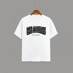 Los Angeles California graphic t-shirt on WHITE unisex classic crew soft-touch 180 GSM cotton, distressed LOS ANGELES collegiate arch lettering bold CA graphic, California subtitle clean spaced caps, monochrome black-on-white minimal versatile, classic crew neckline timeless, unisex regular fit flattering, pre-shrunk bio-washed maintains shape