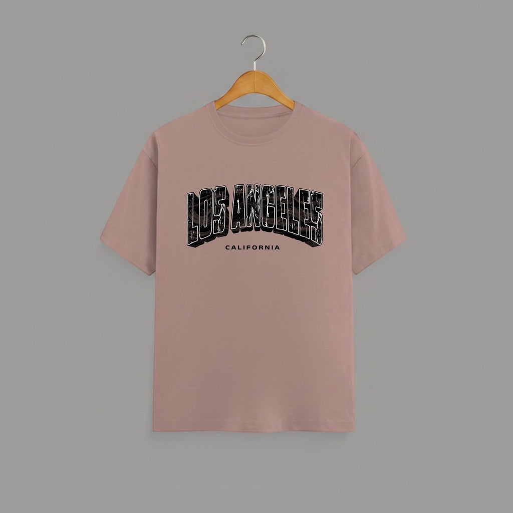 Los Angeles California graphic t-shirt on MUSHROOM BROWN unisex classic crew soft-touch 180 GSM cotton, distressed LOS ANGELES collegiate arch lettering bold CA graphic, California subtitle clean spaced caps, monochrome black-on-white minimal versatile, classic crew neckline timeless, unisex regular fit flattering, pre-shrunk bio-washed maintains shape