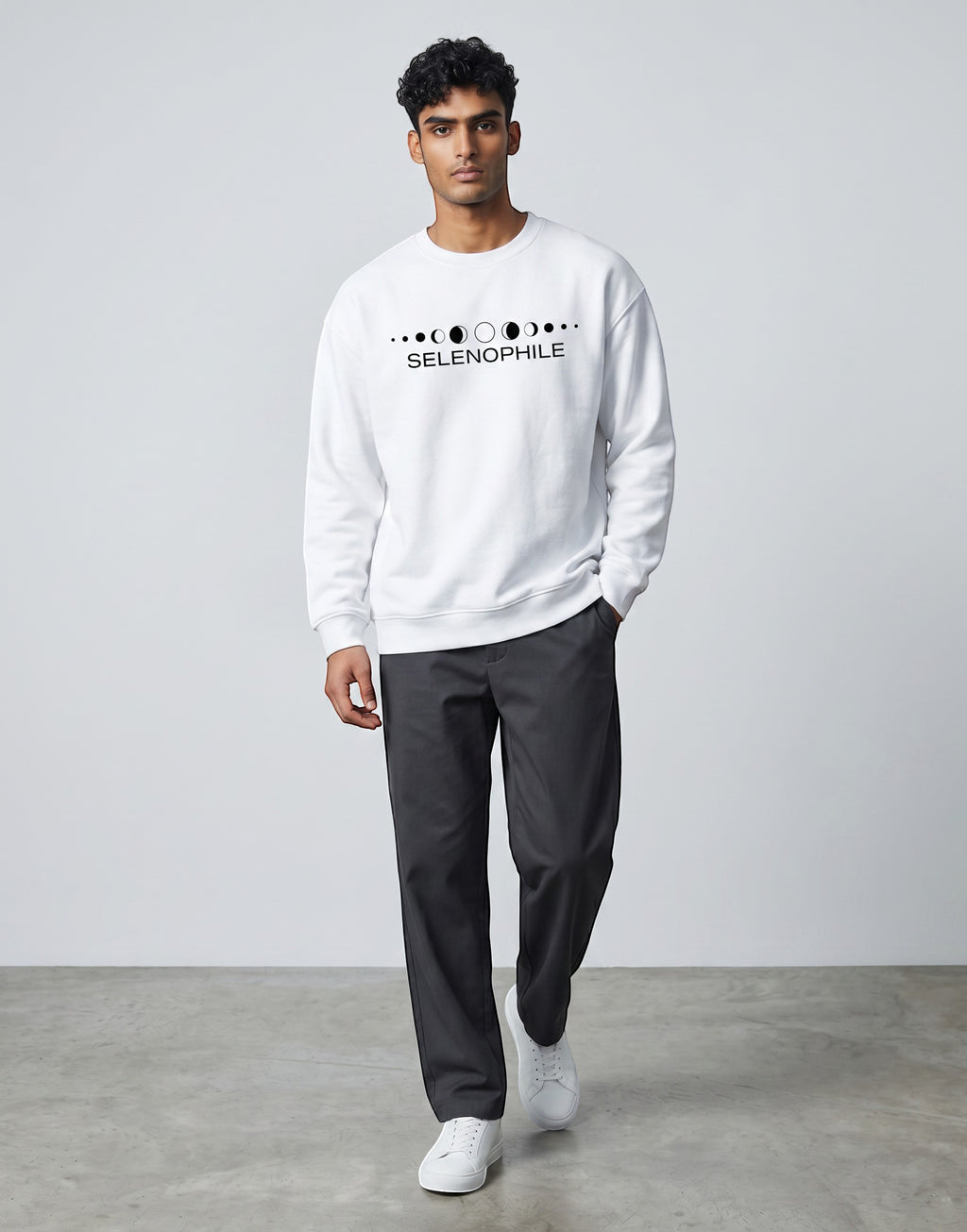 Lunar-Inspired Graphic Oversized Sweatshirt on WHITE unisex premium soft-touch fabric blend, relaxed oversized fit modern silhouette, unique lunar-inspired graphic chest celebrating love moon, ribbed crew neckline cuffs hem structured, clean minimalist aesthetic, contemporary look, unisex timeless inclusive style, premium durable fabric soft skin