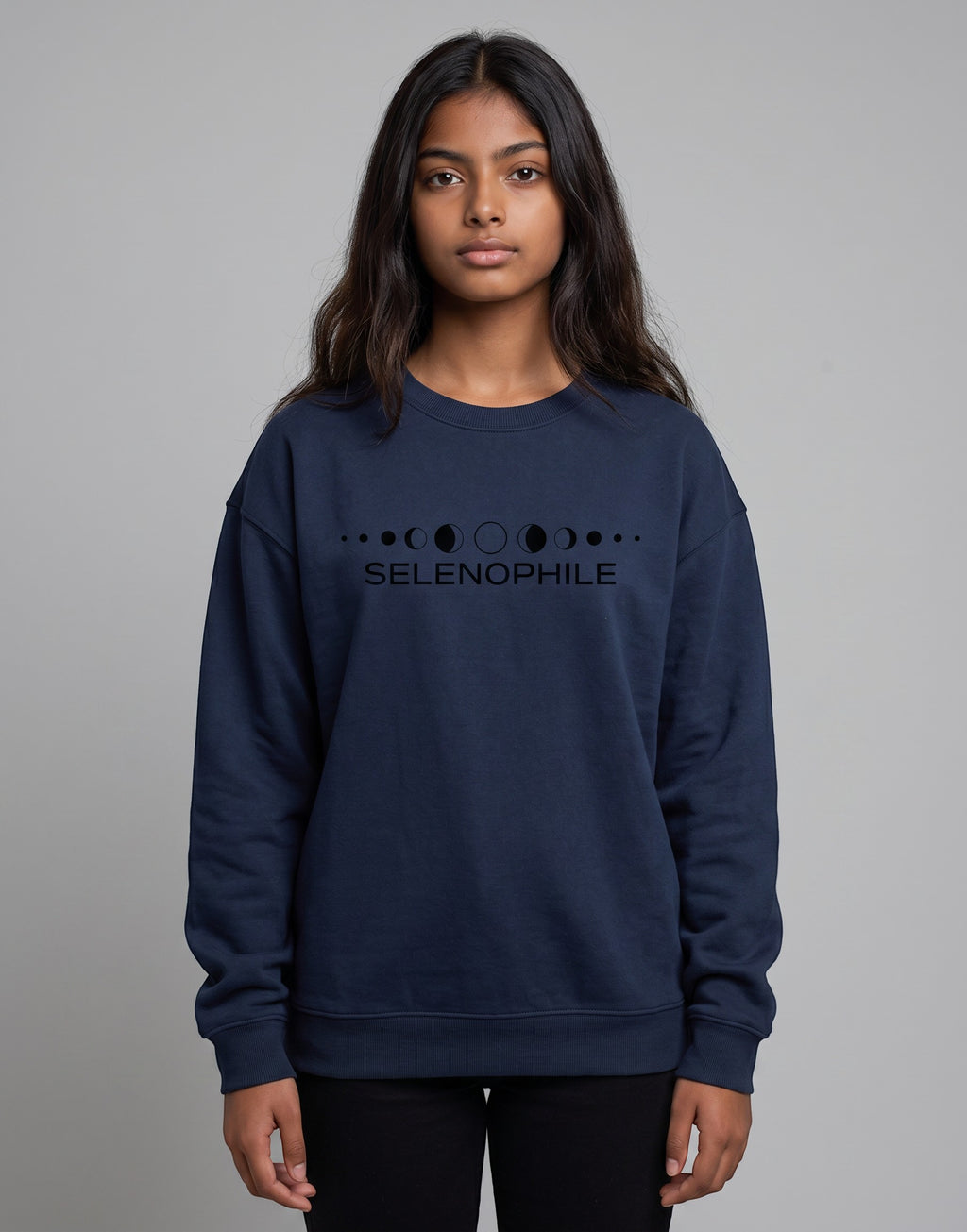 Lunar-Inspired Graphic Oversized Sweatshirt on NAVY BLUE unisex premium soft-touch fabric blend, relaxed oversized fit modern silhouette, unique lunar-inspired graphic chest celebrating love moon, ribbed crew neckline cuffs hem structured, clean minimalist aesthetic, contemporary look, unisex timeless inclusive style, premium durable fabric soft skin
