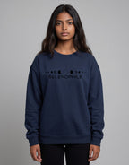 Lunar-Inspired Graphic Oversized Sweatshirt on NAVY BLUE unisex premium soft-touch fabric blend, relaxed oversized fit modern silhouette, unique lunar-inspired graphic chest celebrating love moon, ribbed crew neckline cuffs hem structured, clean minimalist aesthetic, contemporary look, unisex timeless inclusive style, premium durable fabric soft skin