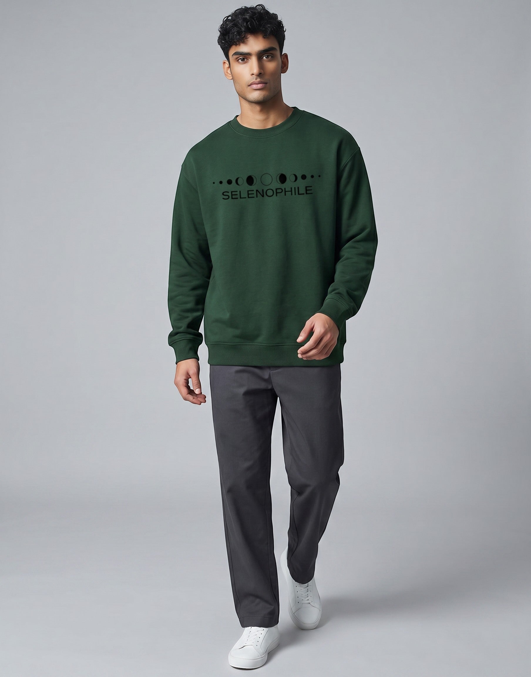 Lunar-Inspired Graphic Oversized Sweatshirt on FOREST GREEN unisex premium soft-touch fabric blend, relaxed oversized fit modern silhouette, unique lunar-inspired graphic chest celebrating love moon, ribbed crew neckline cuffs hem structured, clean minimalist aesthetic, contemporary look, unisex timeless inclusive style, premium durable fabric soft skin