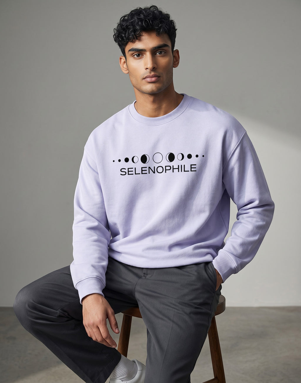 Lunar-Inspired Graphic Oversized Sweatshirt on LAVENDER unisex premium soft-touch fabric blend, relaxed oversized fit modern silhouette, unique lunar-inspired graphic chest celebrating love moon, ribbed crew neckline cuffs hem structured, clean minimalist aesthetic, contemporary look, unisex timeless inclusive style, premium durable fabric soft skin
