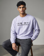 Lunar-Inspired Graphic Oversized Sweatshirt on LAVENDER unisex premium soft-touch fabric blend, relaxed oversized fit modern silhouette, unique lunar-inspired graphic chest celebrating love moon, ribbed crew neckline cuffs hem structured, clean minimalist aesthetic, contemporary look, unisex timeless inclusive style, premium durable fabric soft skin