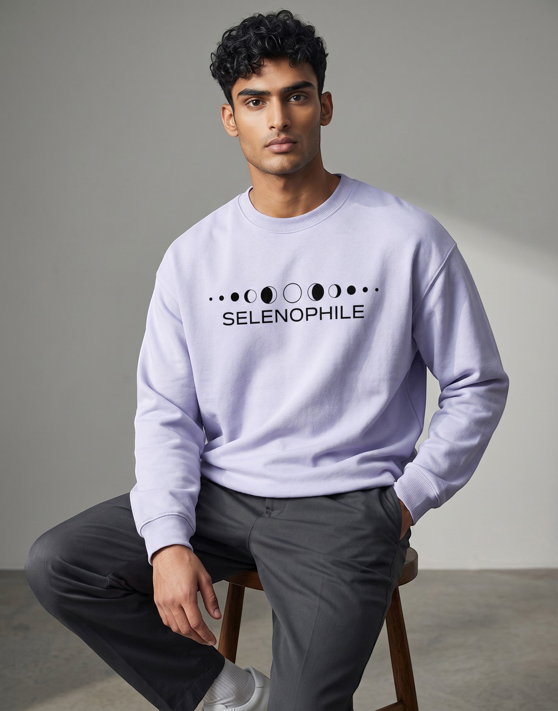 Lunar-Inspired Graphic Oversized Sweatshirt on LAVENDER unisex premium soft-touch fabric blend, relaxed oversized fit modern silhouette, unique lunar-inspired graphic chest celebrating love moon, ribbed crew neckline cuffs hem structured, clean minimalist aesthetic, contemporary look, unisex timeless inclusive style, premium durable fabric soft skin