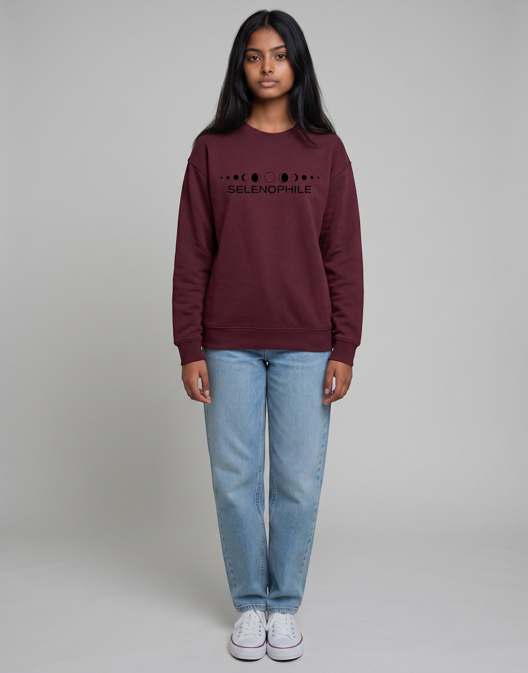 Lunar-Inspired Graphic Oversized Sweatshirt on MAROON unisex premium soft-touch fabric blend, relaxed oversized fit modern silhouette, unique lunar-inspired graphic chest celebrating love moon, ribbed crew neckline cuffs hem structured, clean minimalist aesthetic, contemporary look, unisex timeless inclusive style, premium durable fabric soft skin