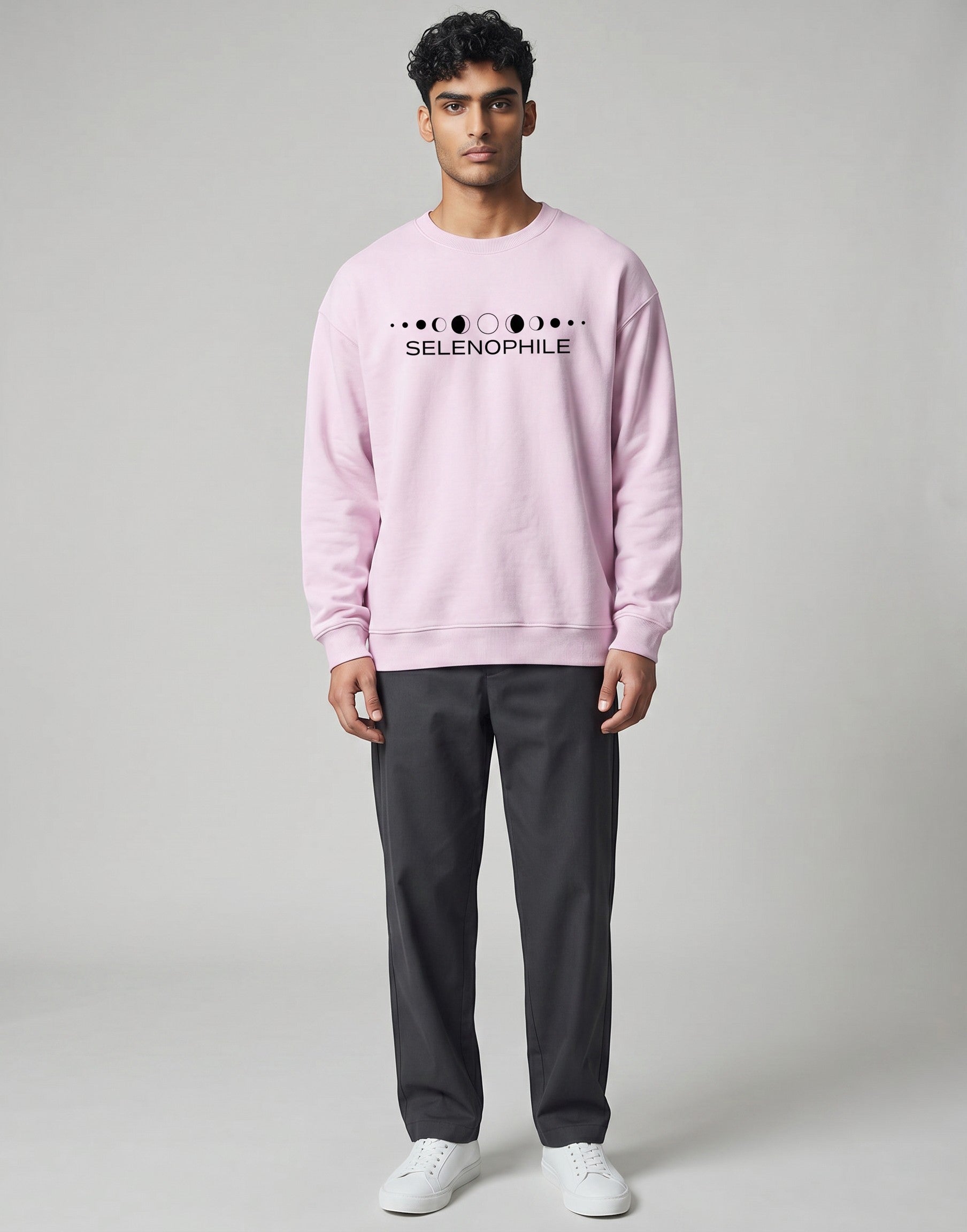 Lunar-Inspired Graphic Oversized Sweatshirt on BABY PINK unisex premium soft-touch fabric blend, relaxed oversized fit modern silhouette, unique lunar-inspired graphic chest celebrating love moon, ribbed crew neckline cuffs hem structured, clean minimalist aesthetic, contemporary look, unisex timeless inclusive style, premium durable fabric soft skin