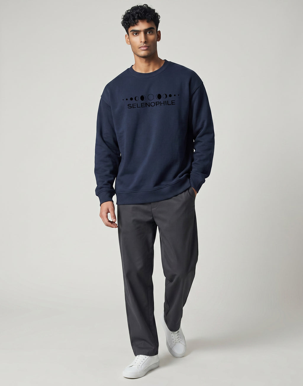 Lunar-Inspired Graphic Oversized Sweatshirt on NAVY BLUE unisex premium soft-touch fabric blend, relaxed oversized fit modern silhouette, unique lunar-inspired graphic chest celebrating love moon, ribbed crew neckline cuffs hem structured, clean minimalist aesthetic, contemporary look, unisex timeless inclusive style, premium durable fabric soft skin