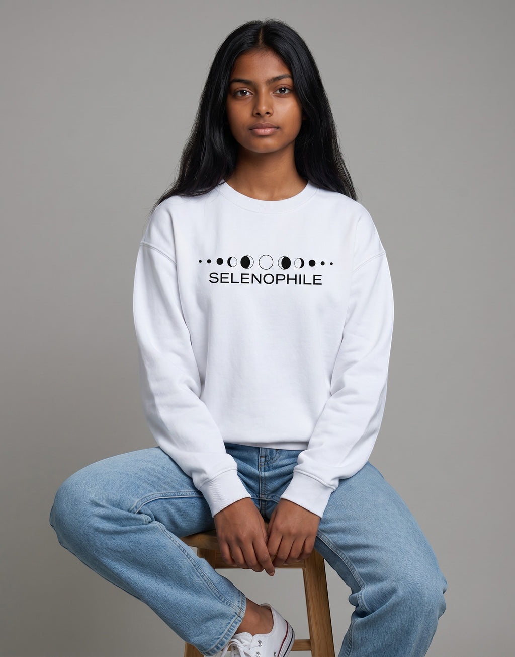 Lunar-Inspired Graphic Oversized Sweatshirt on WHITE unisex premium soft-touch fabric blend, relaxed oversized fit modern silhouette, unique lunar-inspired graphic chest celebrating love moon, ribbed crew neckline cuffs hem structured, clean minimalist aesthetic, contemporary look, unisex timeless inclusive style, premium durable fabric soft skin
