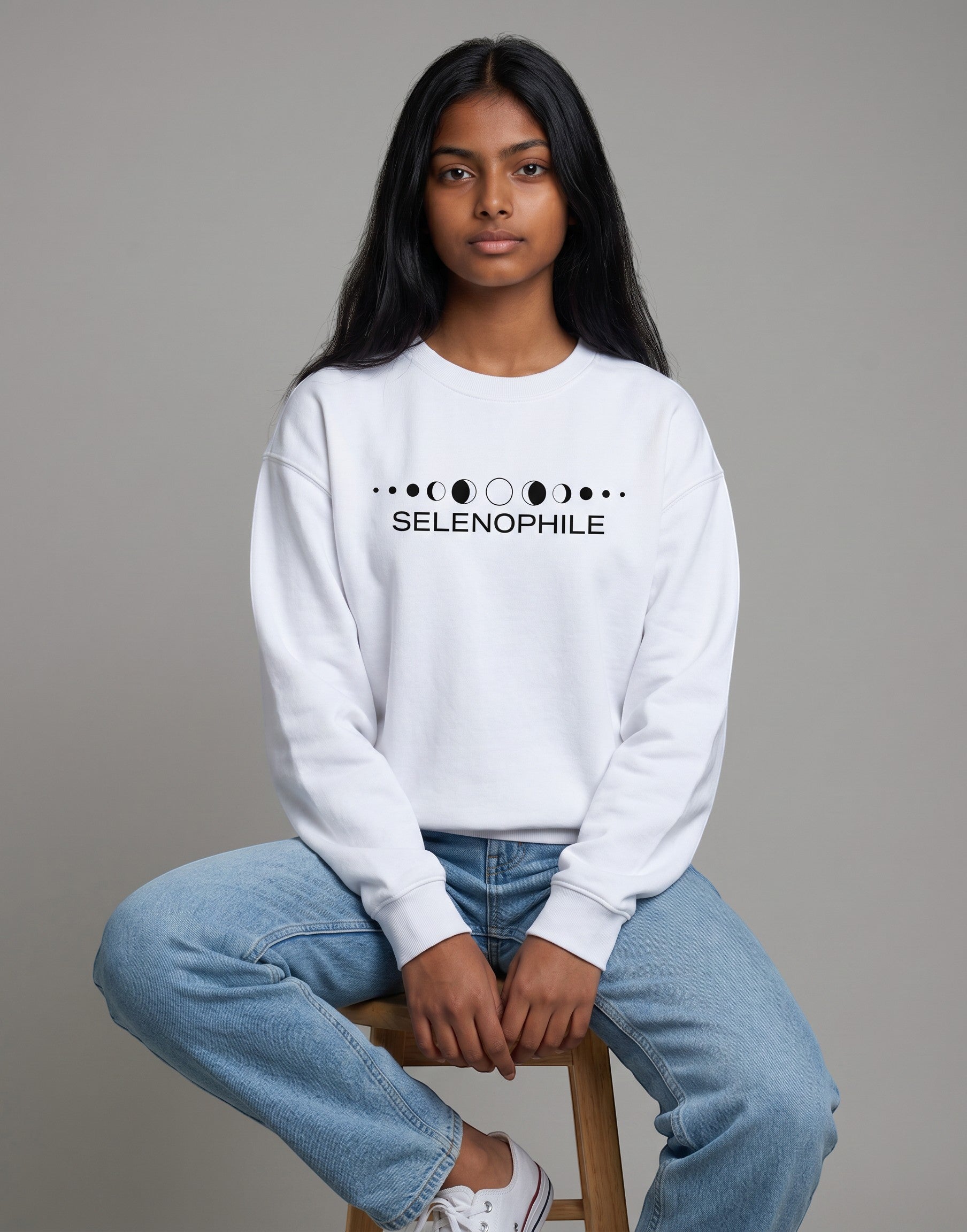 Lunar-Inspired Graphic Oversized Sweatshirt on WHITE unisex premium soft-touch fabric blend, relaxed oversized fit modern silhouette, unique lunar-inspired graphic chest celebrating love moon, ribbed crew neckline cuffs hem structured, clean minimalist aesthetic, contemporary look, unisex timeless inclusive style, premium durable fabric soft skin