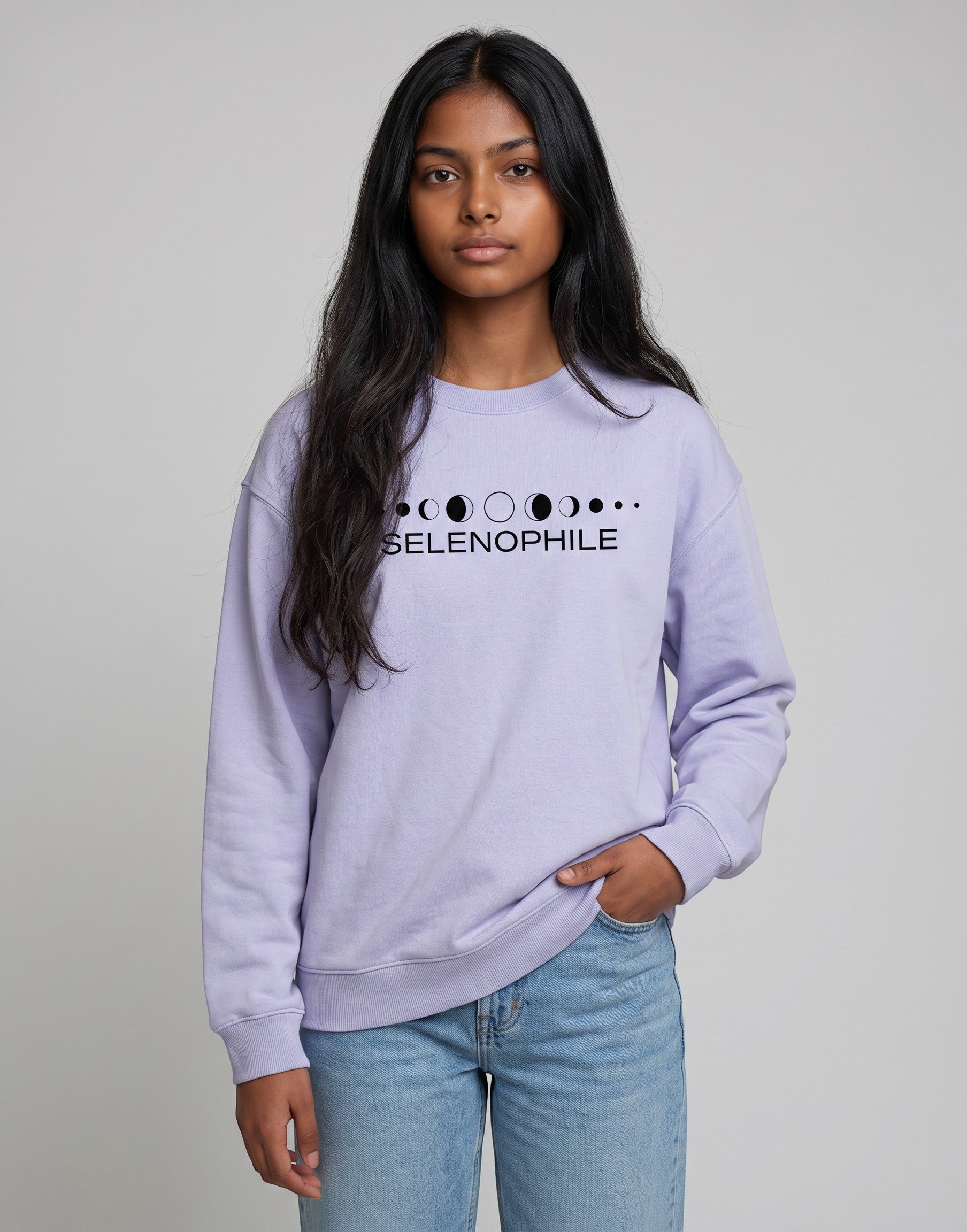 Lunar-Inspired Graphic Oversized Sweatshirt on LAVENDER unisex premium soft-touch fabric blend, relaxed oversized fit modern silhouette, unique lunar-inspired graphic chest celebrating love moon, ribbed crew neckline cuffs hem structured, clean minimalist aesthetic, contemporary look, unisex timeless inclusive style, premium durable fabric soft skin