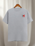 Minimalistic Owl graphic t-shirt on GREY unisex 100% cotton crew neck, unique high-quality owl graphic embroidered on chest, distinctive eye-catching chest logo, DTG print 300 DPI, 180 GSM breathable soft fabric