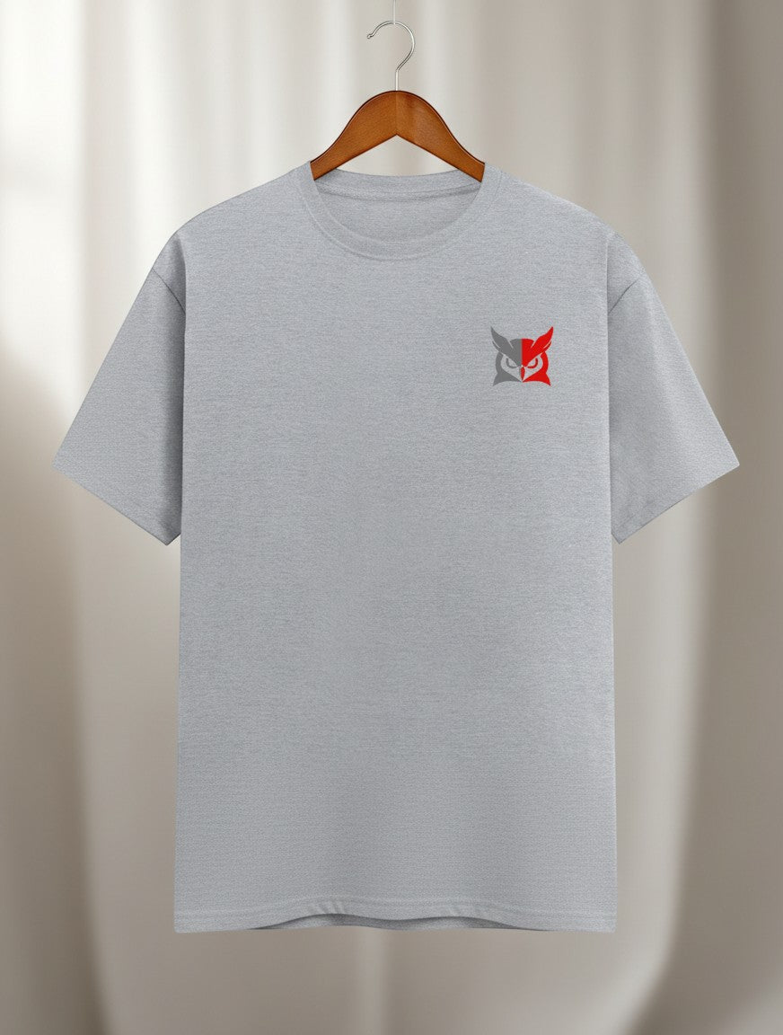 Minimalistic Owl graphic t-shirt on GREY unisex 100% cotton crew neck, unique high-quality owl graphic embroidered on chest, distinctive eye-catching chest logo, DTG print 300 DPI, 180 GSM breathable soft fabric