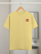 Minimalistic Owl graphic t-shirt on YELLOW unisex 100% cotton crew neck, unique high-quality owl graphic embroidered on chest, distinctive eye-catching chest logo, DTG print 300 DPI, 180 GSM breathable soft fabric