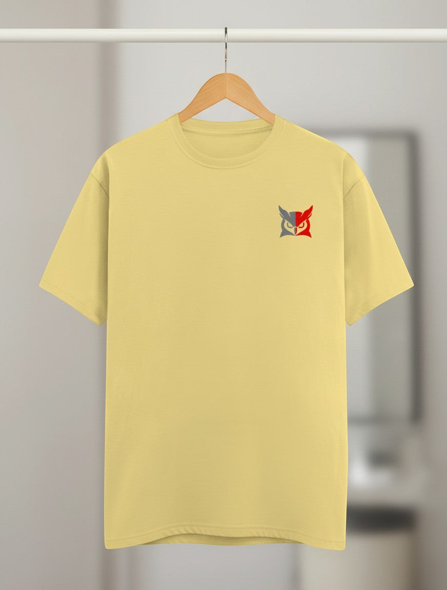 Minimalistic Owl graphic t-shirt on YELLOW unisex 100% cotton crew neck, unique high-quality owl graphic embroidered on chest, distinctive eye-catching chest logo, DTG print 300 DPI, 180 GSM breathable soft fabric