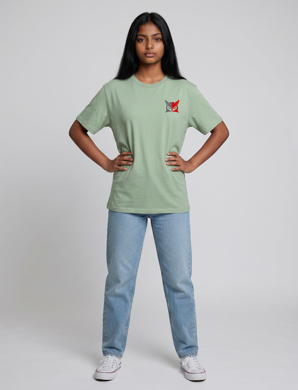 Minimalistic Owl graphic t-shirt on JADE-GREEN unisex 100% cotton crew neck, unique high-quality owl graphic embroidered on chest, distinctive eye-catching chest logo, DTG print 300 DPI, 180 GSM breathable soft fabric