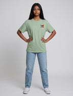 Minimalistic Owl graphic t-shirt on JADE-GREEN unisex 100% cotton crew neck, unique high-quality owl graphic embroidered on chest, distinctive eye-catching chest logo, DTG print 300 DPI, 180 GSM breathable soft fabric