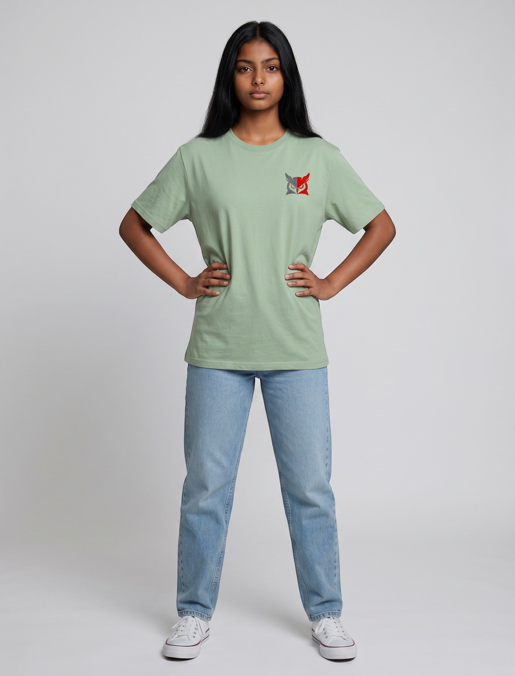 Minimalistic Owl graphic t-shirt on JADE-GREEN unisex 100% cotton crew neck, unique high-quality owl graphic embroidered on chest, distinctive eye-catching chest logo, DTG print 300 DPI, 180 GSM breathable soft fabric