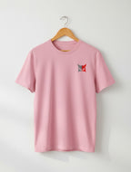 Minimalistic Owl graphic t-shirt on PINK unisex 100% cotton crew neck, unique high-quality owl graphic embroidered on chest, distinctive eye-catching chest logo, DTG print 300 DPI, 180 GSM breathable soft fabric