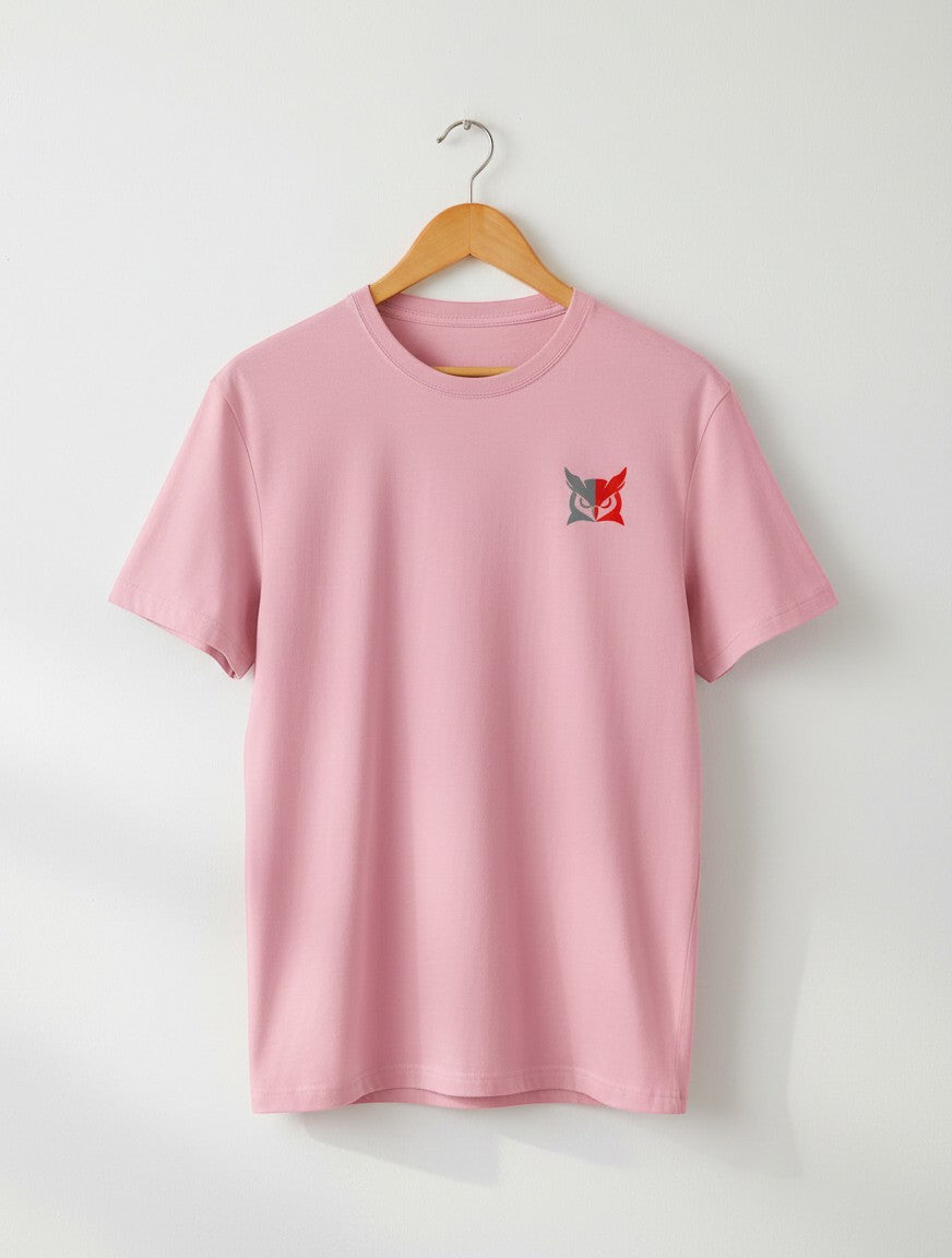 Minimalistic Owl graphic t-shirt on PINK unisex 100% cotton crew neck, unique high-quality owl graphic embroidered on chest, distinctive eye-catching chest logo, DTG print 300 DPI, 180 GSM breathable soft fabric