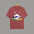 Mount Fuji graphic t-shirt on CORAL unisex 100% cotton crew neck, vibrant high-quality iconic Mount Fuji beauty, Japanese culture traditional landscapes cherry blossoms modern travel design, DTG print 300 DPI, 180 GSM breathable soft fabric
