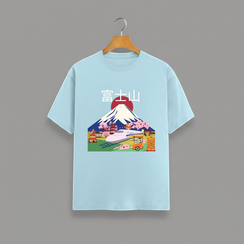 Mount Fuji graphic t-shirt on BABY BLUE unisex 100% cotton crew neck, vibrant high-quality iconic Mount Fuji beauty, Japanese culture traditional landscapes cherry blossoms modern travel design, DTG print 300 DPI, 180 GSM breathable soft fabric